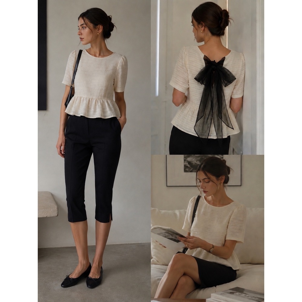 Anthropologie Bow Back Ivory Peplum Balletcore Top CBK Romantic Minimalist  S